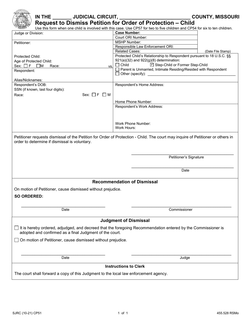 Form CP51 Request to Dismiss Petition for Order of Protection - Child - Missouri, Page 1