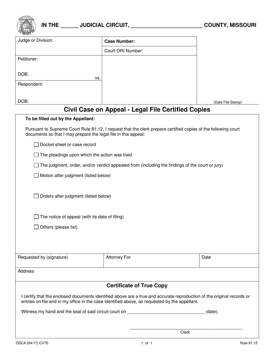 Form CV70 Civil Case on Appeal - Legal File Certified Copies - Missouri, Page 1