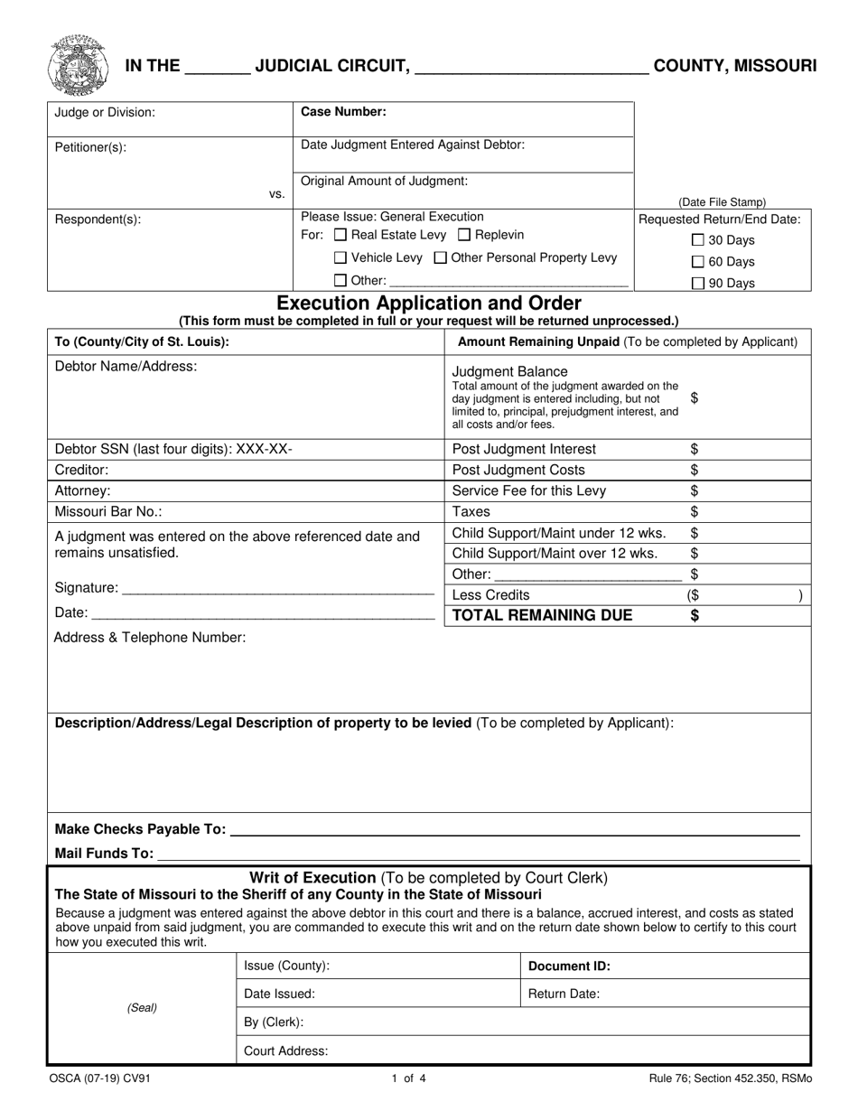 Form CV91 Execution Application and Order - Missouri, Page 1