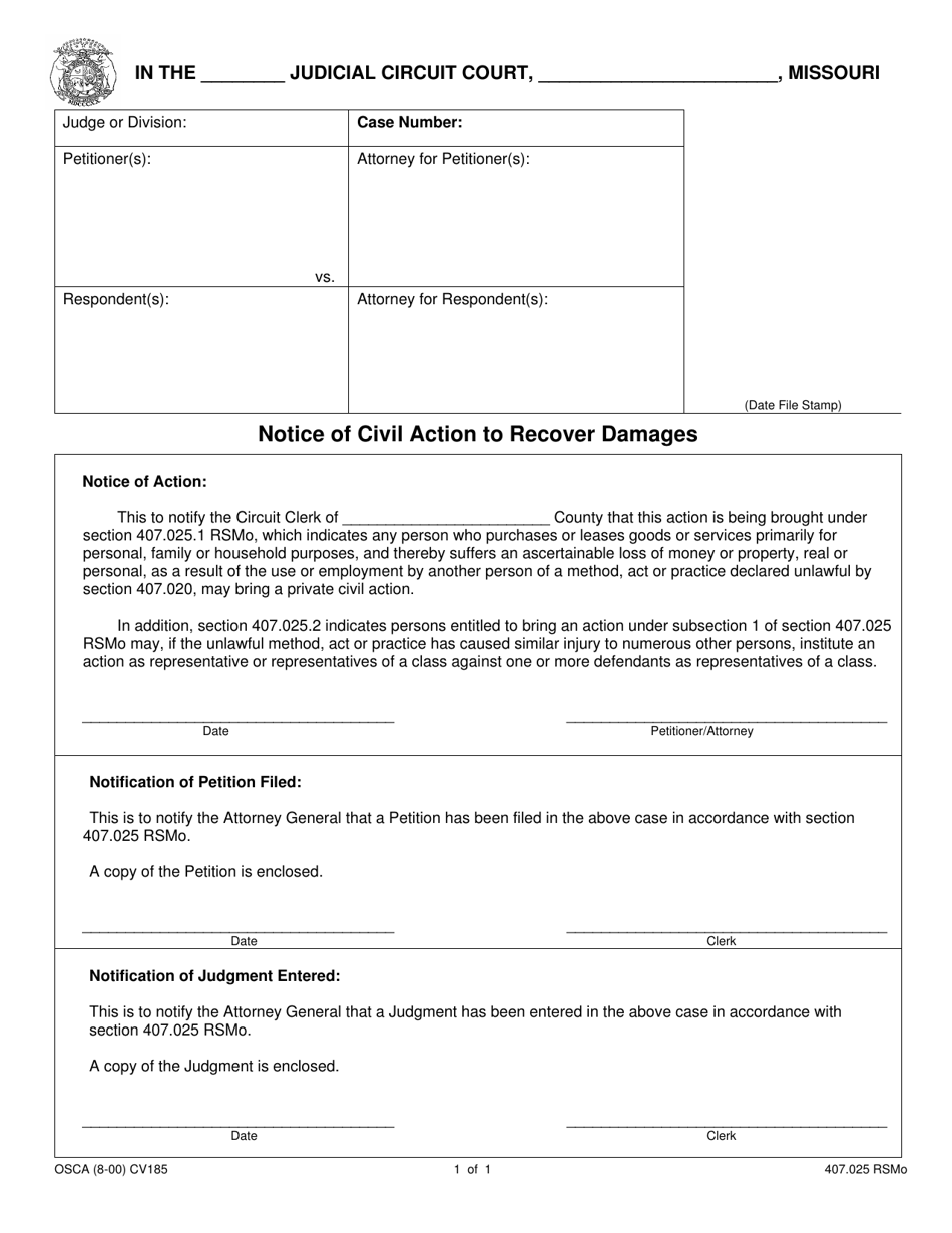 Form CV185 Notice of Civil Action to Recover Damages - Missouri, Page 1