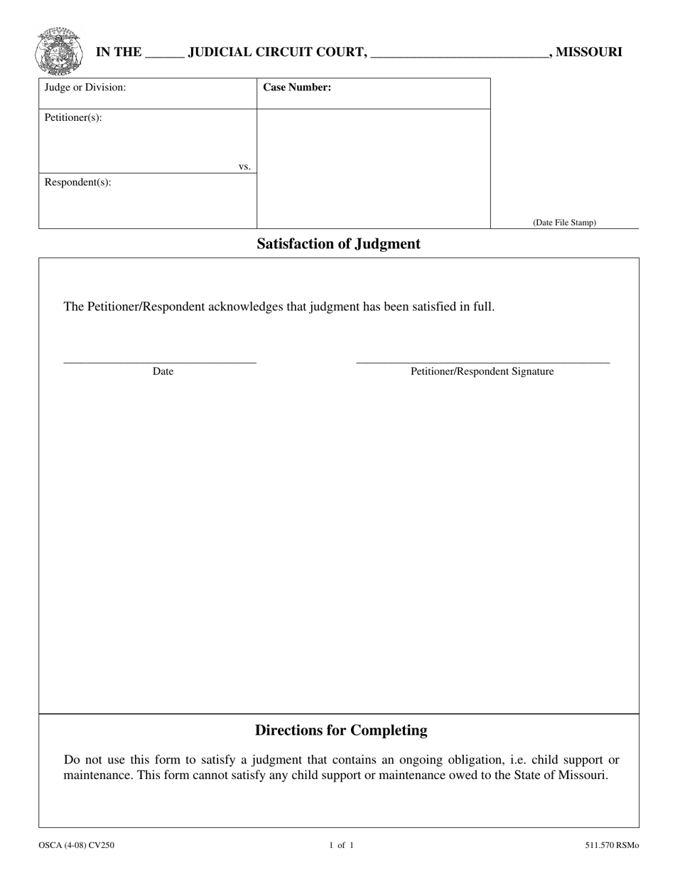 Form CV250 Satisfaction of Judgment - Missouri, Page 1