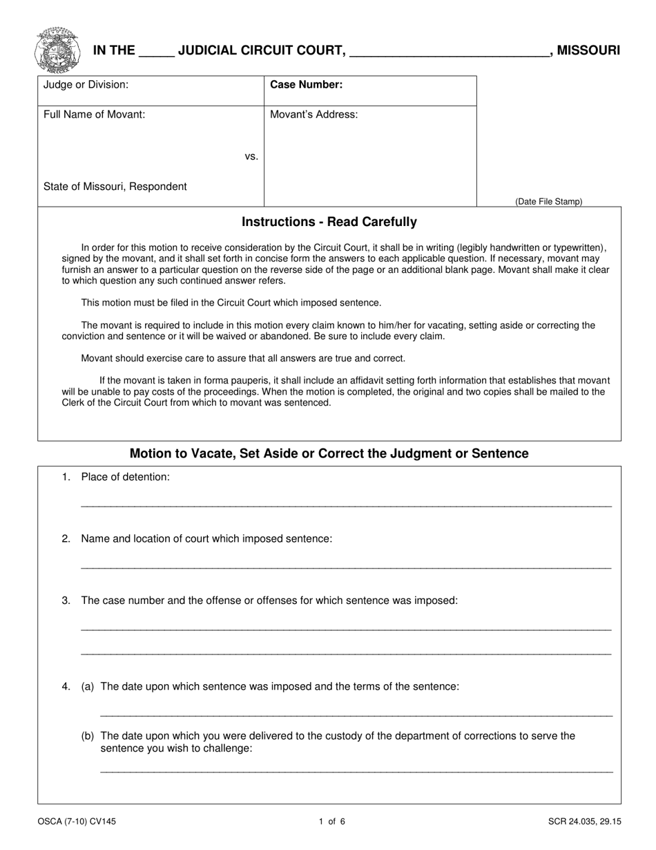 Form CV145 Motion to Vacate, Set Aside or Correct the Judgment or Sentence - Missouri, Page 1
