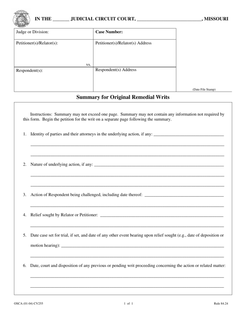 Form CV255 Summary for Original Remedial Writs - Missouri