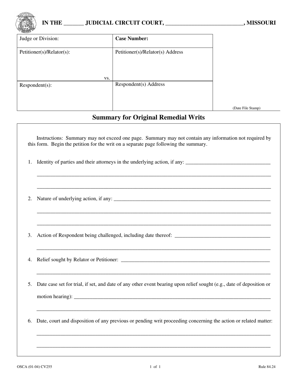 Form CV255 Summary for Original Remedial Writs - Missouri, Page 1
