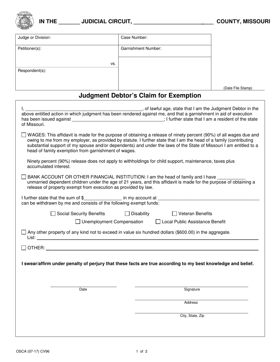 Form CV96 Judgment Debtors Claim for Exemption - Missouri, Page 1