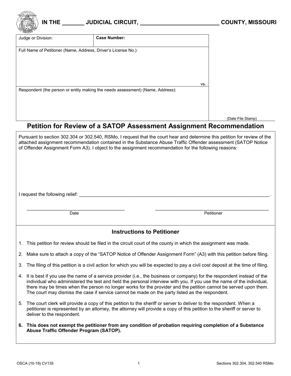 Form CV135 Petition for Review of a Satop Assessment Assignment Recommendation - Missouri, Page 1