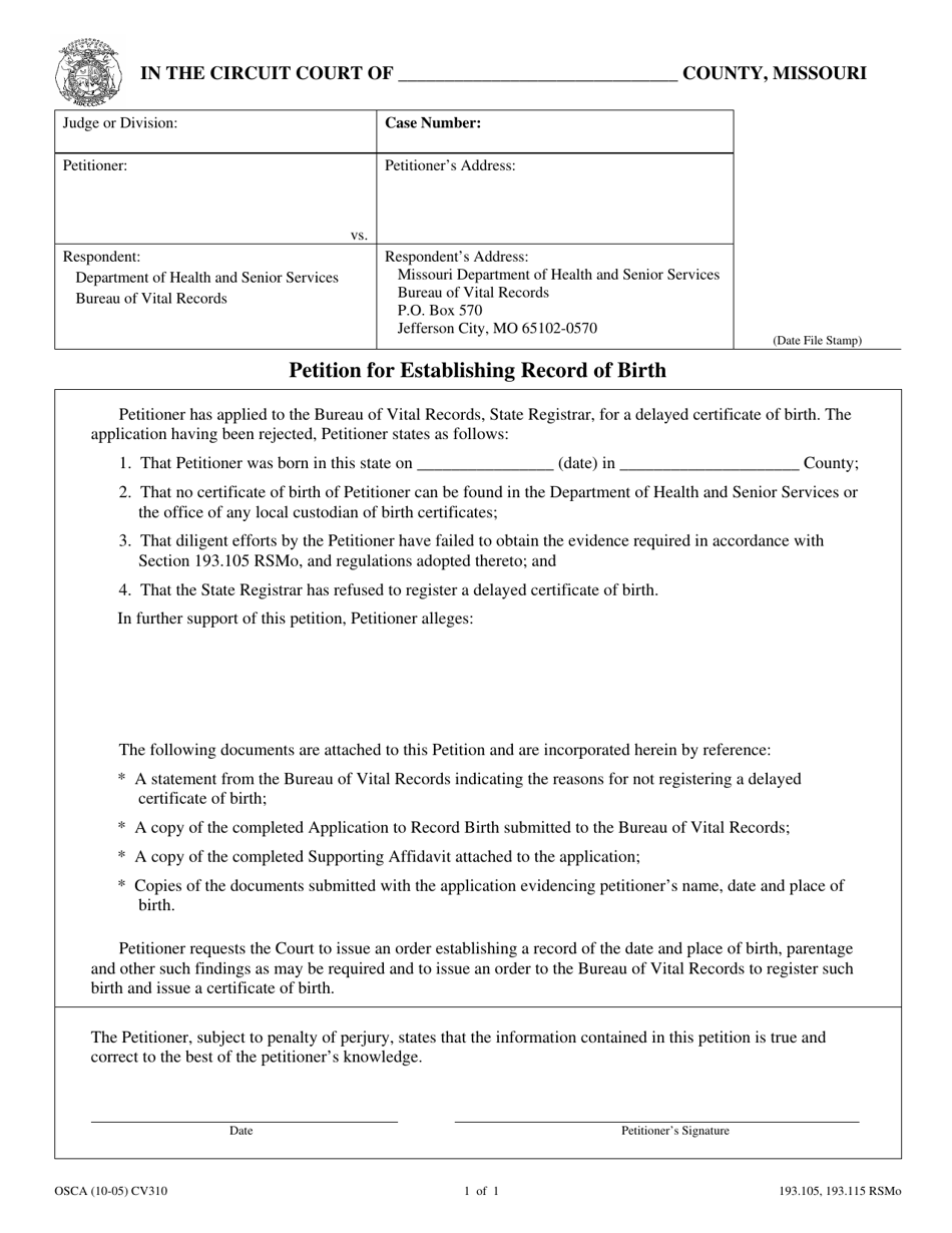 Form CV310 Petition for Establishing Record of Birth - Missouri, Page 1