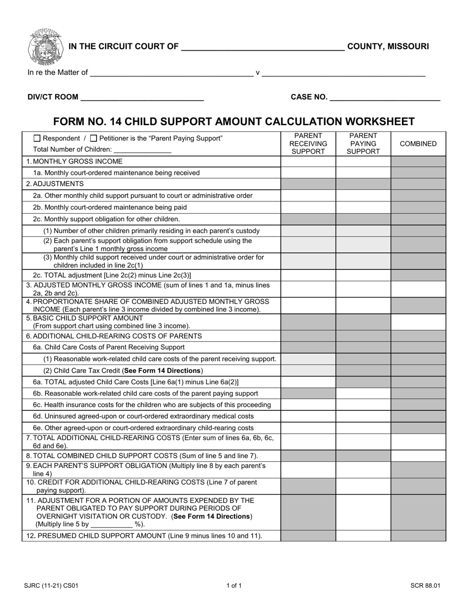 Form 14 (CS01) Child Support Amount Calculation Worksheet - Missouri, Page 1