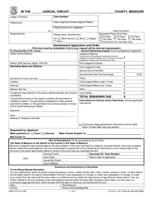 Form CV92 Garnishment Application and Order - Missouri