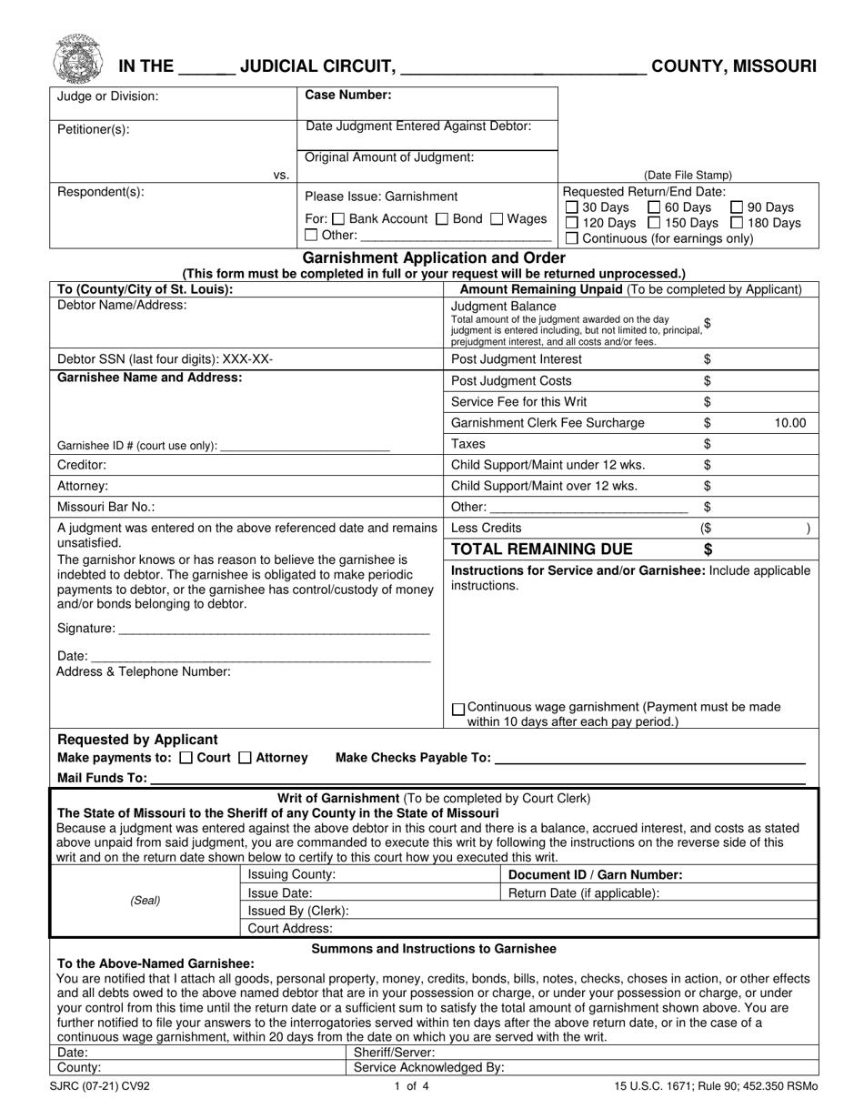 Form CV92 Garnishment Application and Order - Missouri, Page 1