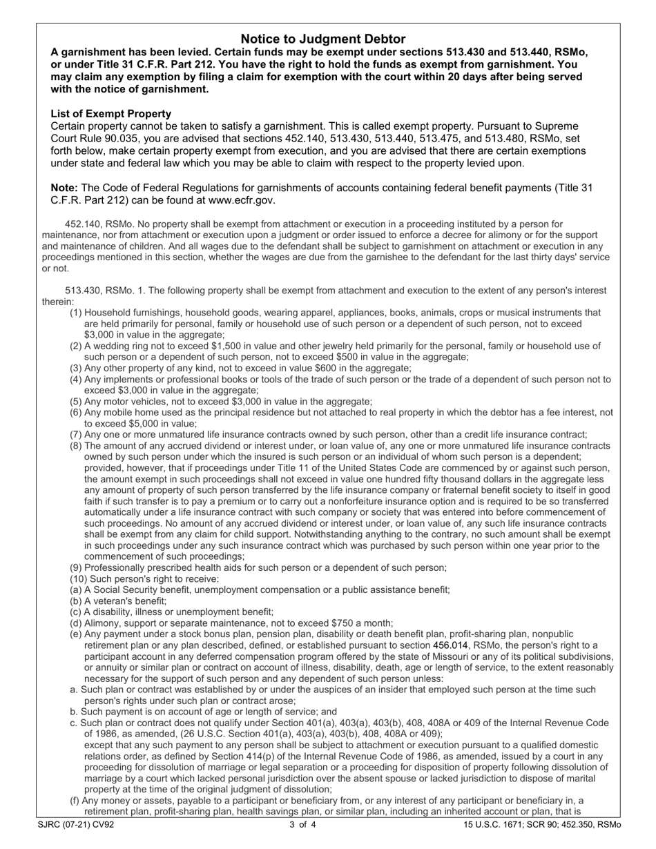 Form CV92 Garnishment Application and Order - Missouri, Page 3