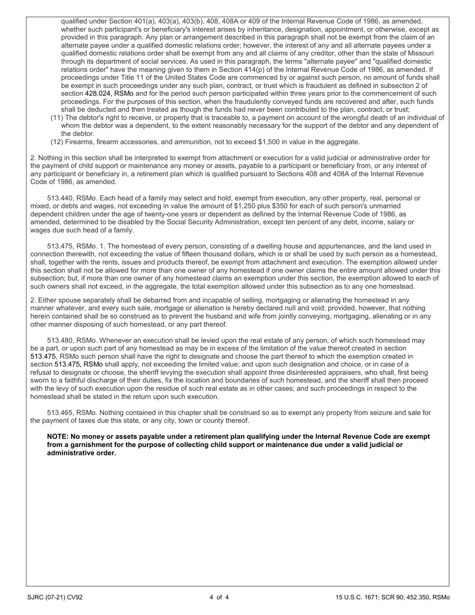 Form CV92 Garnishment Application and Order - Missouri, Page 4
