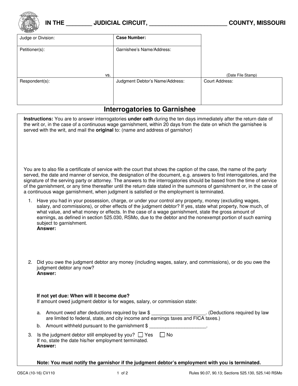 Form CV110 Interrogatories to Garnishee - Missouri, Page 1