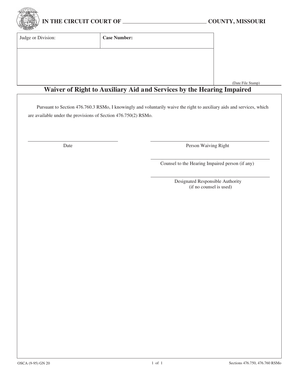 Form GN20 Waiver of Right to Auxiliary Aid and Services by the Hearing Impaired - Missouri, Page 1