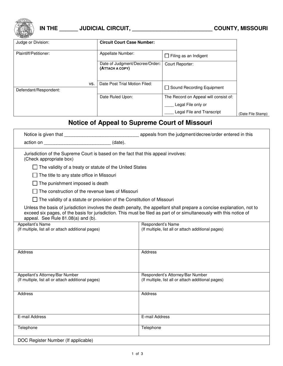Missouri Notice of Appeal to Supreme Court of Missouri Fill Out Sign