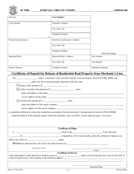 Document preview: Form GN165 Certificate of Deposit for Release of Residential Real Property From Mechanic's Lien - Missouri