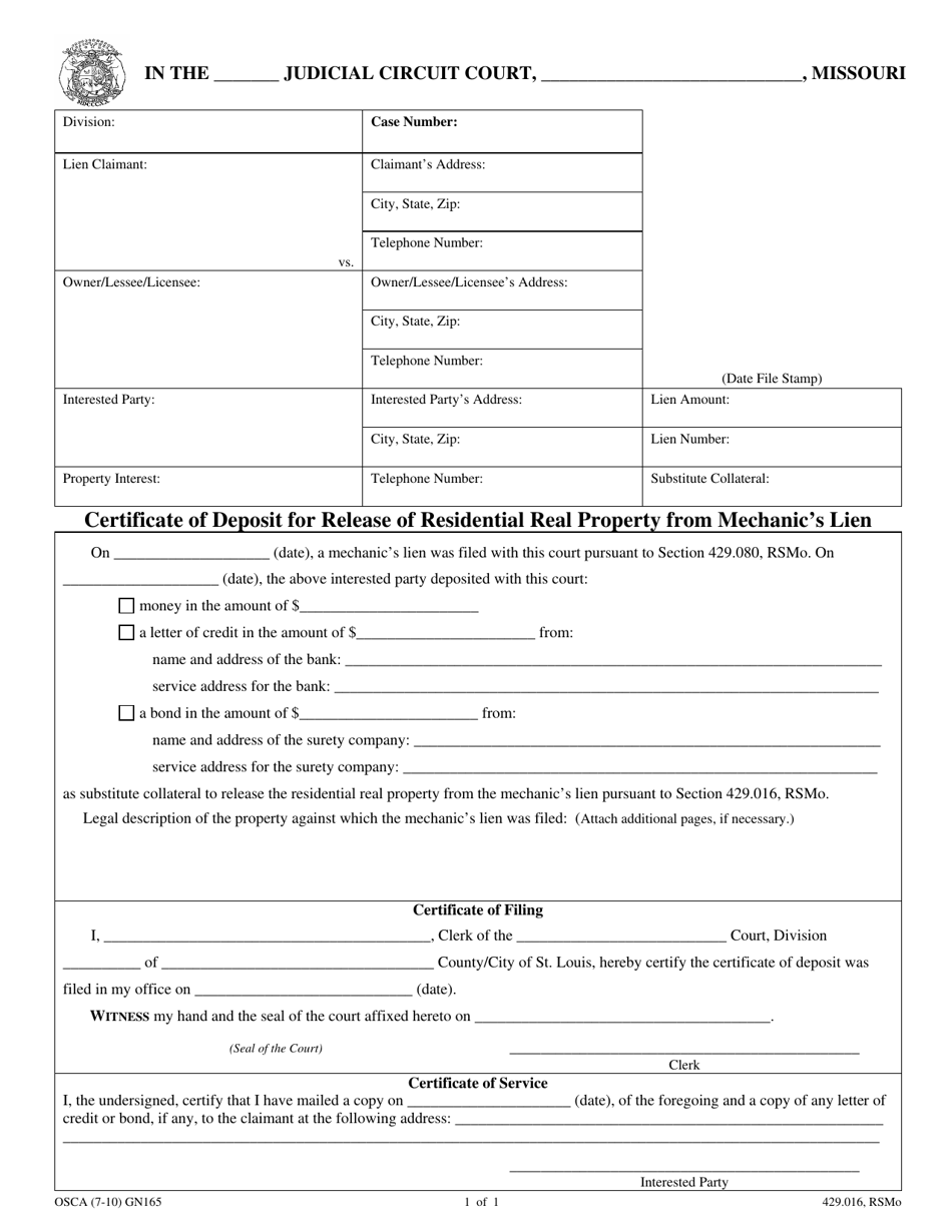 Form GN165 Certificate of Deposit for Release of Residential Real Property From Mechanics Lien - Missouri, Page 1