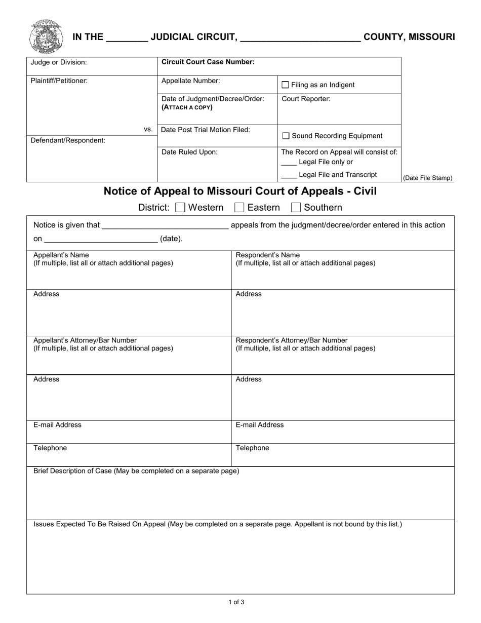 Notice of Appeal to Missouri Court of Appeals - Civil - Missouri, Page 1