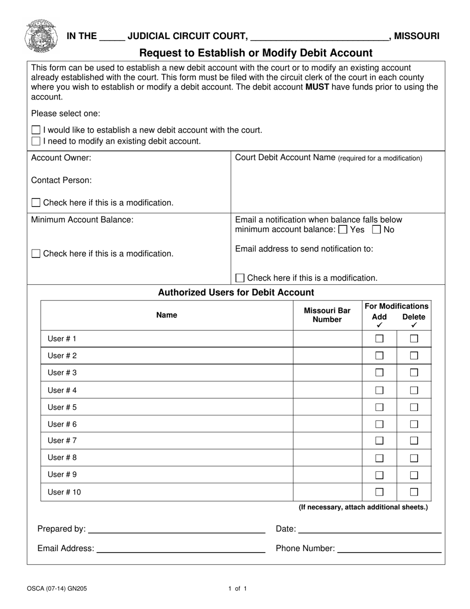 Form GN205 Request to Establish or Modify Debit Account - Missouri, Page 1