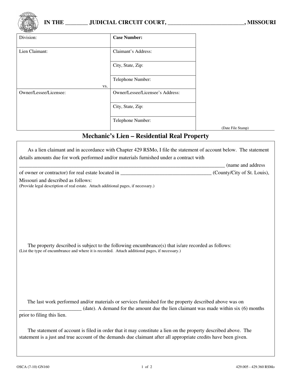 Form GN160 Mechanics Lien - Residential Real Property - Missouri, Page 1