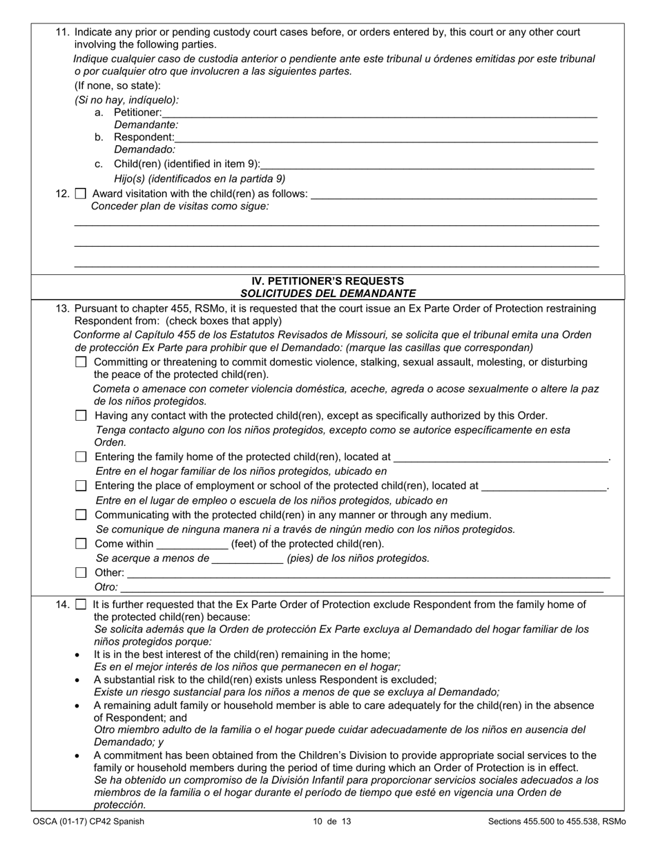 Form CP42 Petition for Order of Protection - Child - Missouri (English / Spanish), Page 10