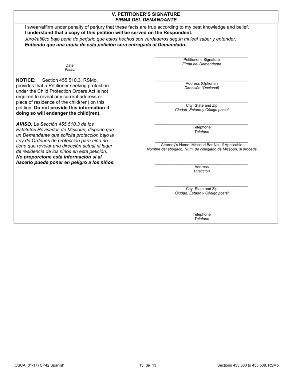 Form CP42 Petition for Order of Protection - Child - Missouri (English / Spanish), Page 13