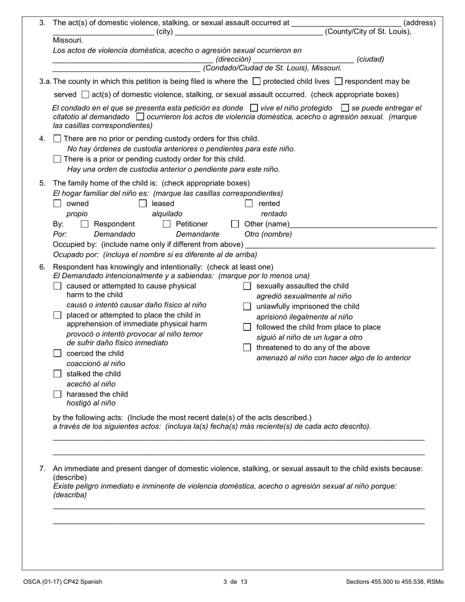Form CP42 Petition for Order of Protection - Child - Missouri (English / Spanish), Page 3