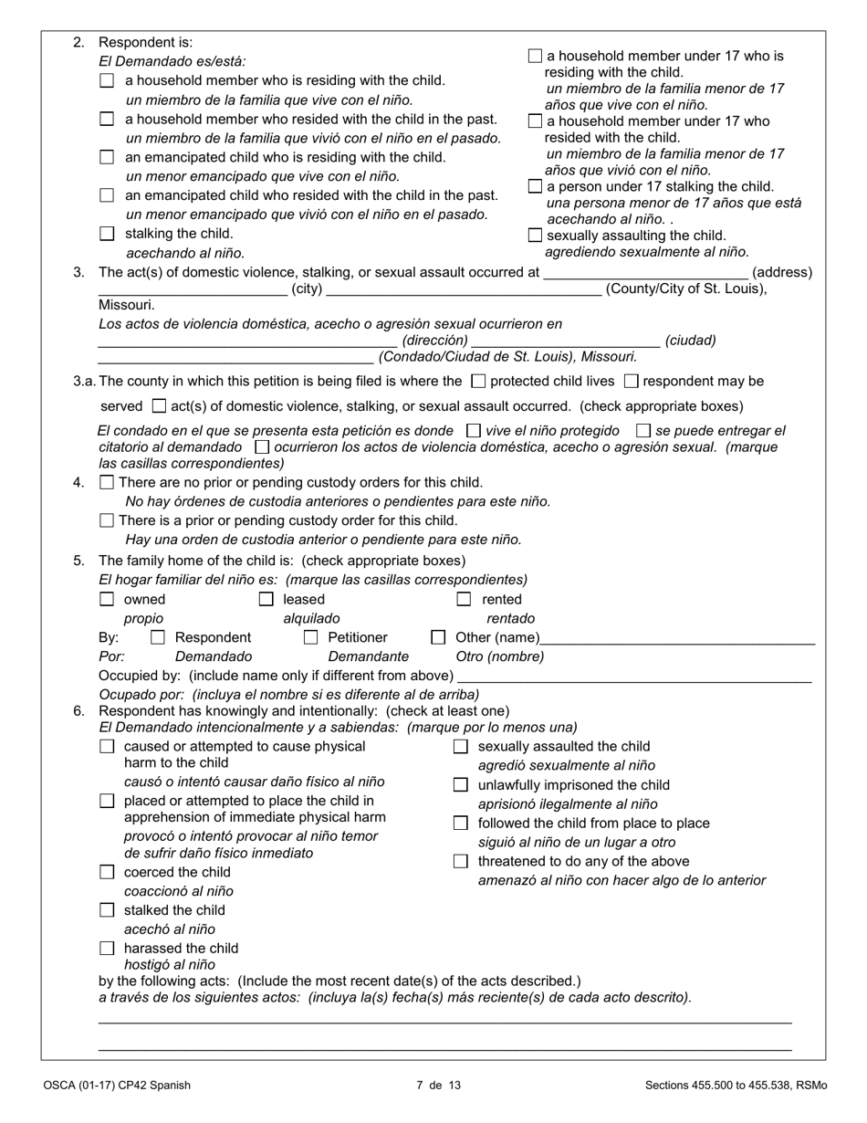 Form CP42 Petition for Order of Protection - Child - Missouri (English / Spanish), Page 7
