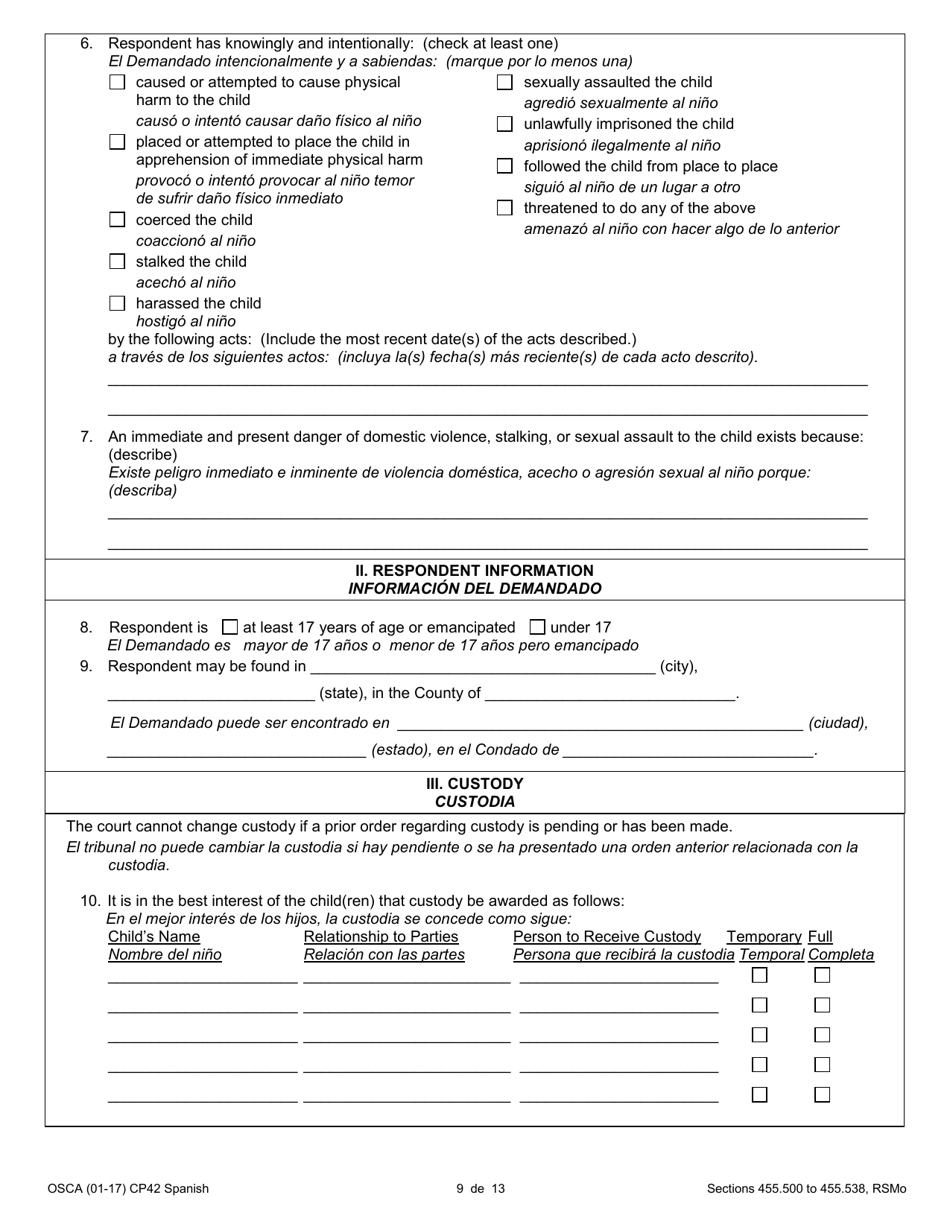Form CP42 Petition for Order of Protection - Child - Missouri (English / Spanish), Page 9
