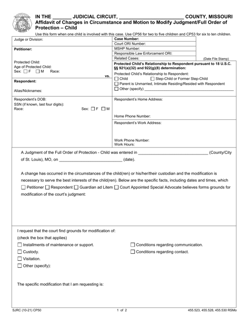 Form CP50 Affidavit of Changes in Circumstance and Motion to Modify Judgment/Full Order of Protection - Child - Missouri