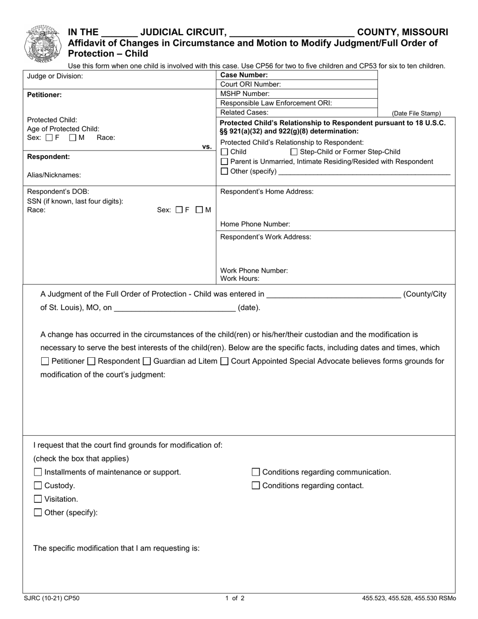 Form CP50 Affidavit of Changes in Circumstance and Motion to Modify Judgment / Full Order of Protection - Child - Missouri, Page 1
