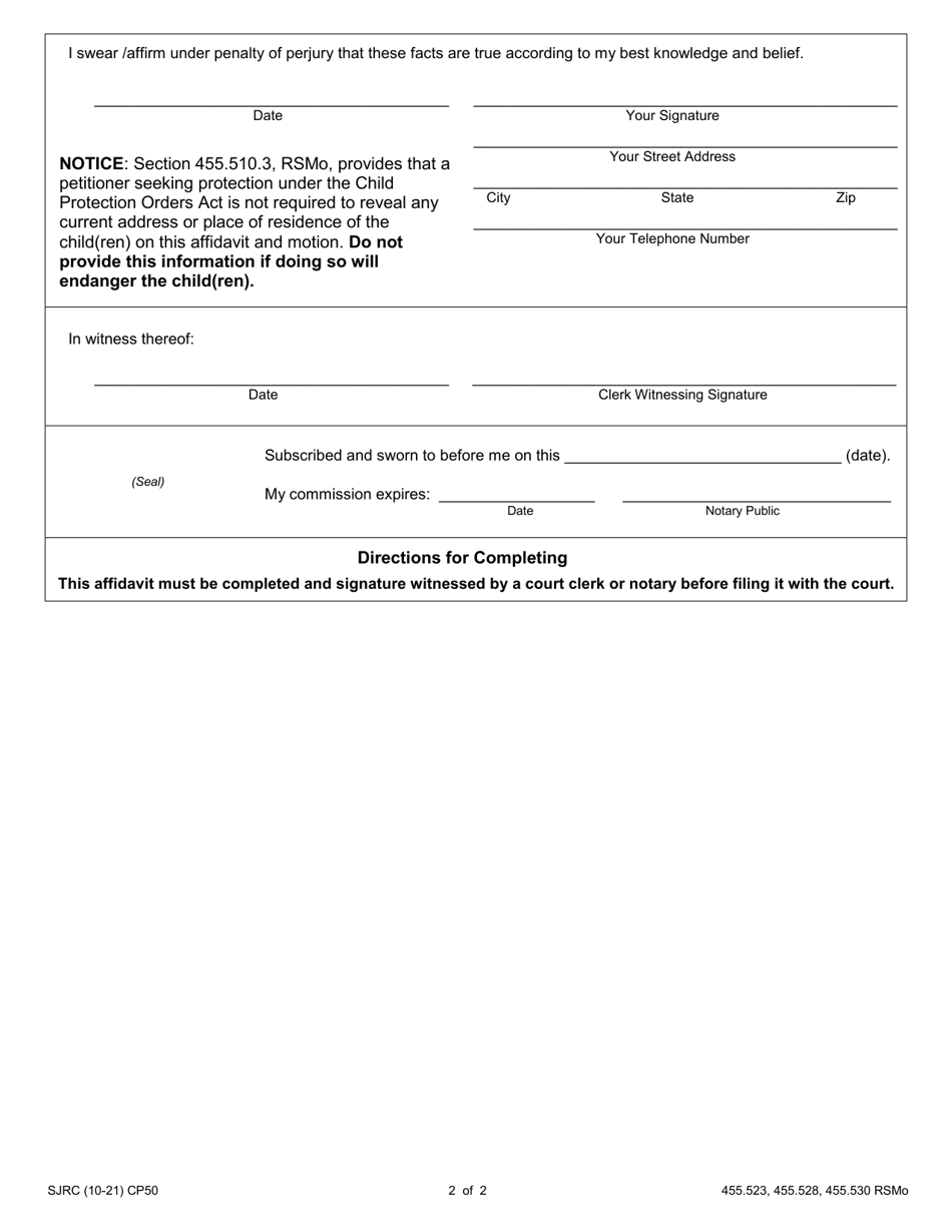 Form CP50 Affidavit of Changes in Circumstance and Motion to Modify Judgment / Full Order of Protection - Child - Missouri, Page 2