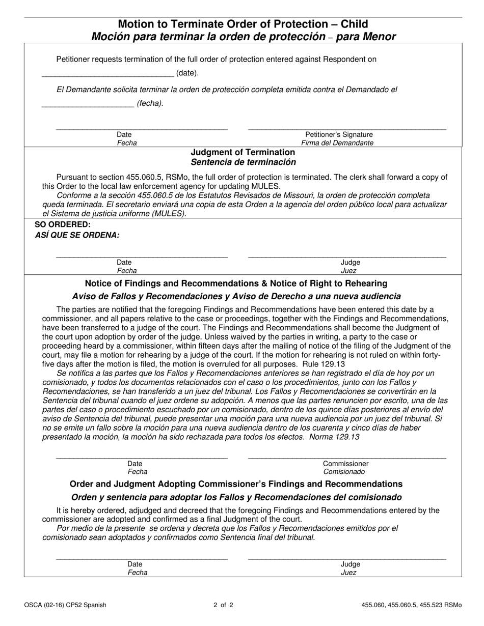 Form CP52 Motion to Terminate Order of Protection - Child - Missouri (English / Spanish), Page 2