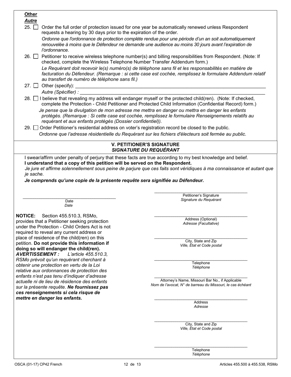 Form CP42 Petition for Order of Protection - Child - Missouri (English / French), Page 12