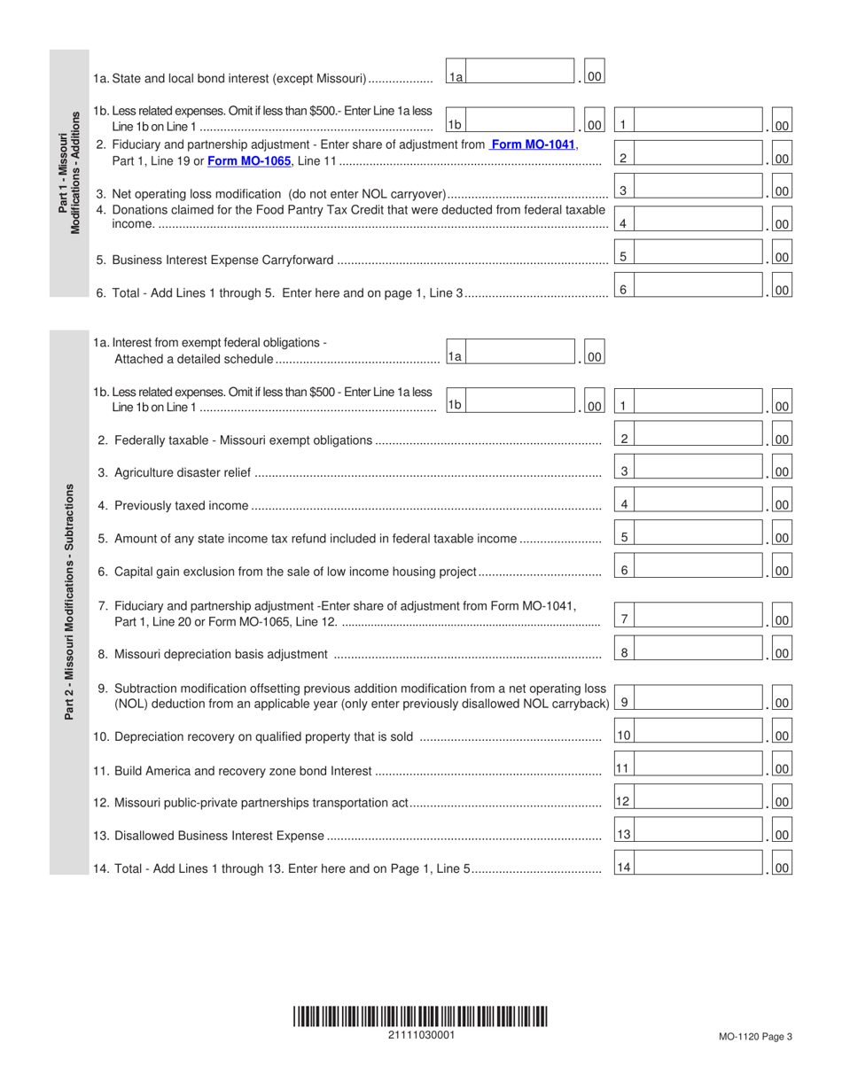 Form MO-1120 Corporation Income Tax Return - Missouri, Page 3