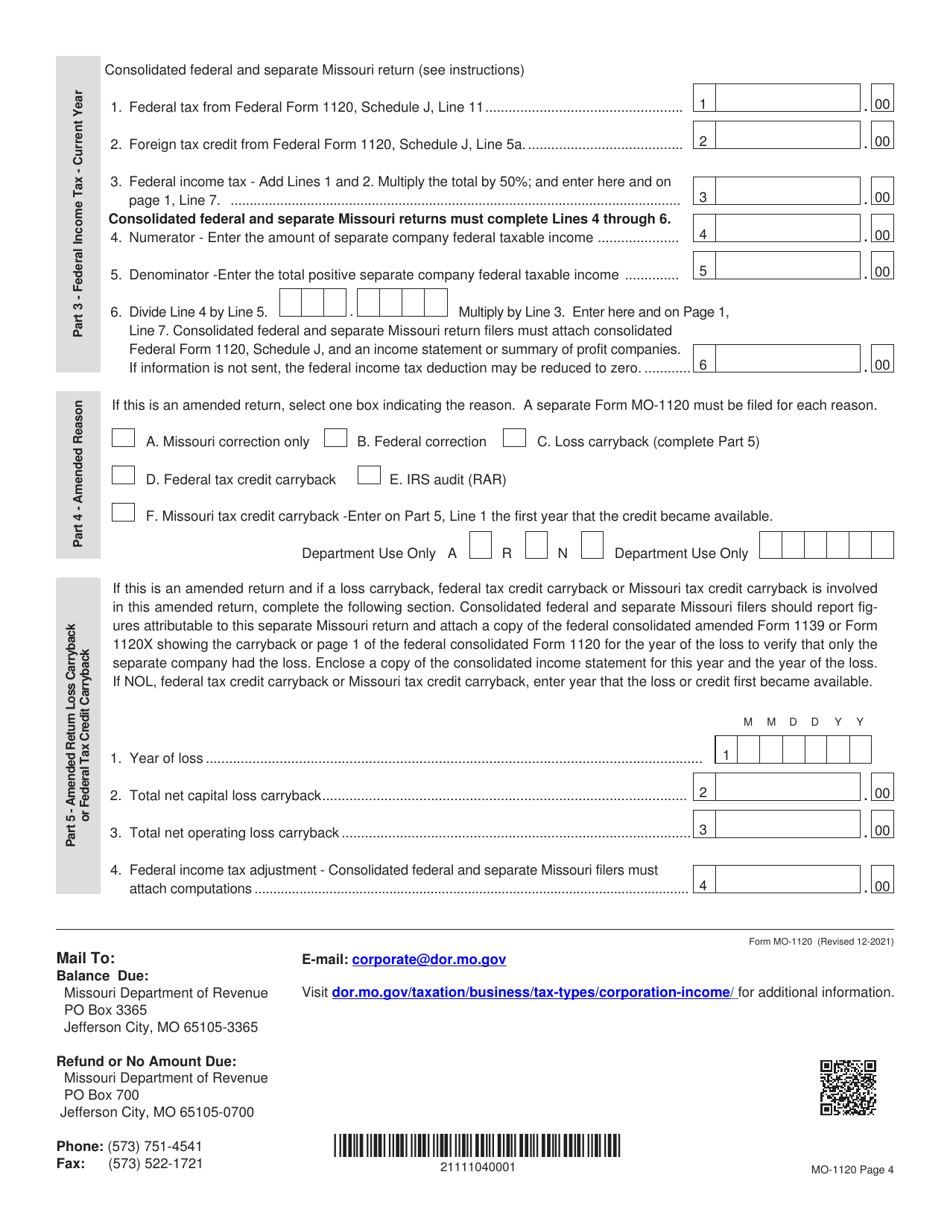Form MO-1120 Corporation Income Tax Return - Missouri, Page 4