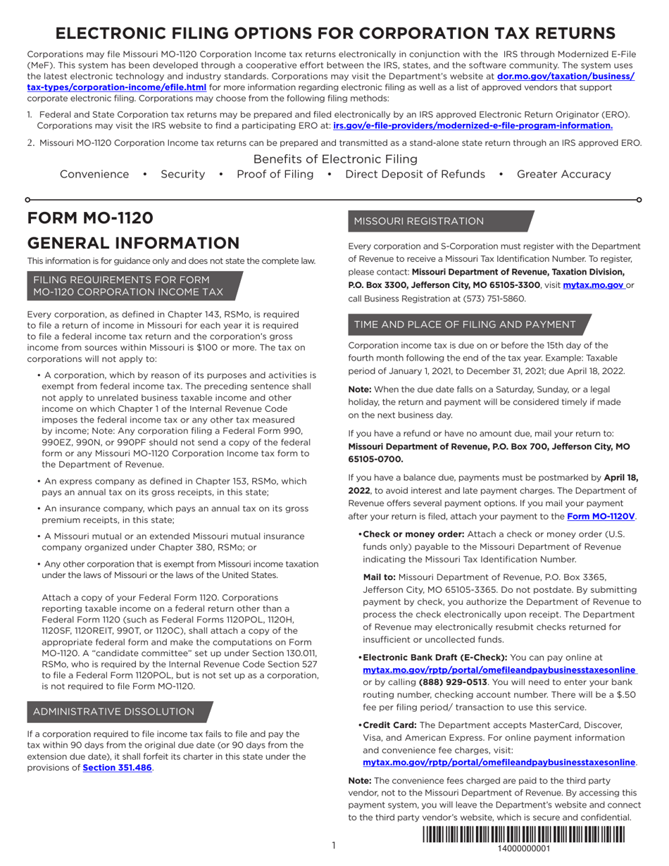 Instructions for Form MO-1120 Corporation Income Tax Return - Missouri, Page 1