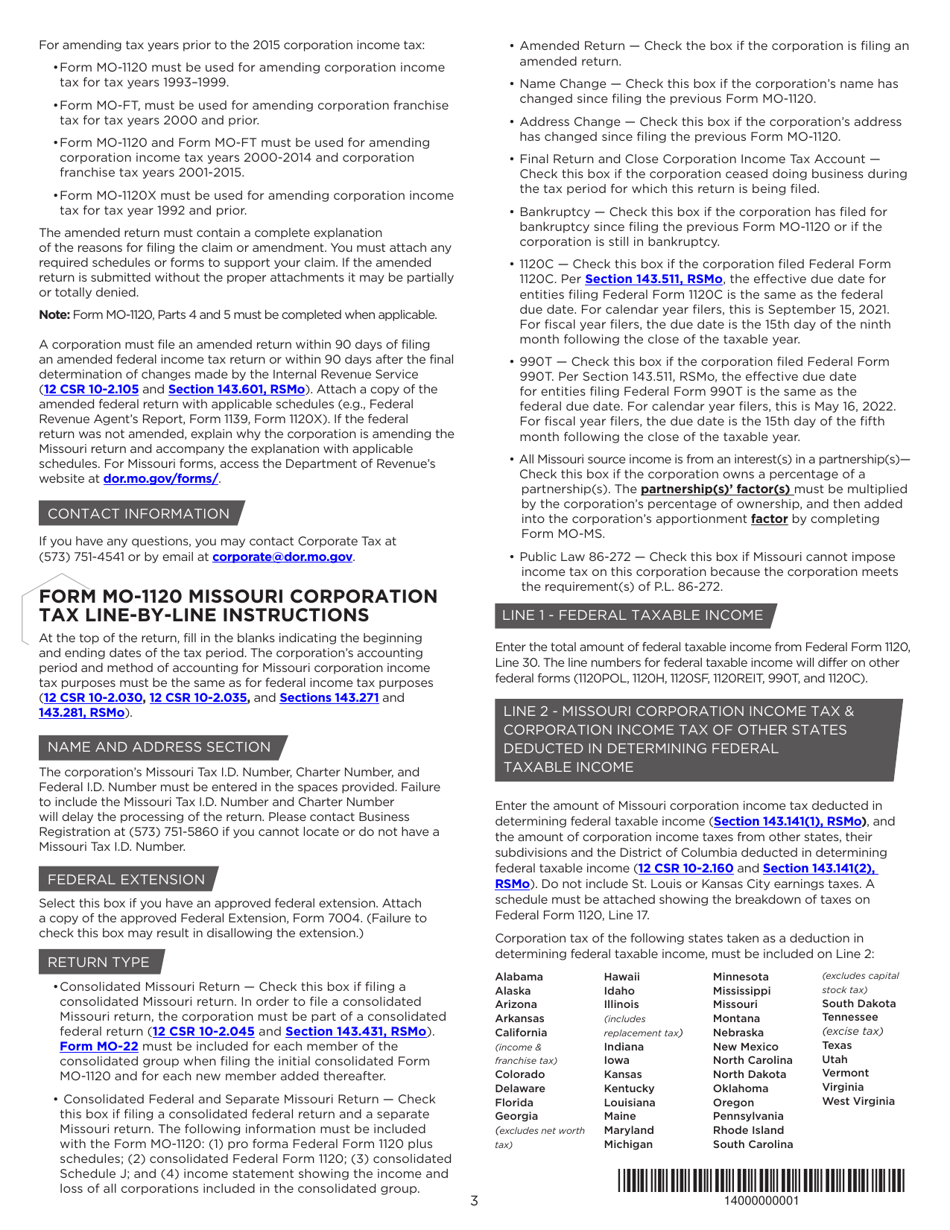 Instructions for Form MO-1120 Corporation Income Tax Return - Missouri, Page 3