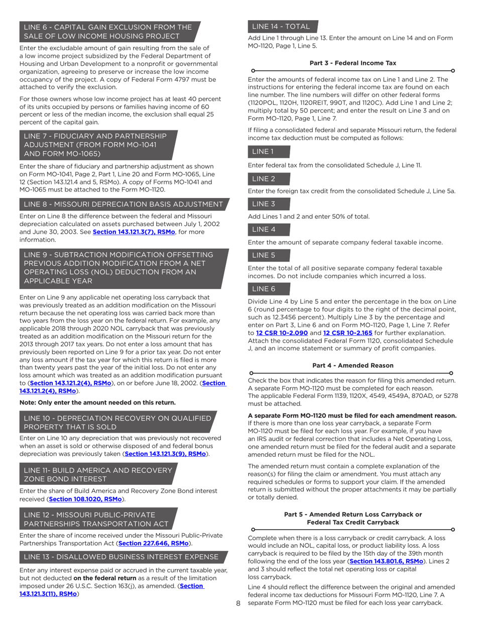 Instructions for Form MO-1120 Corporation Income Tax Return - Missouri, Page 8