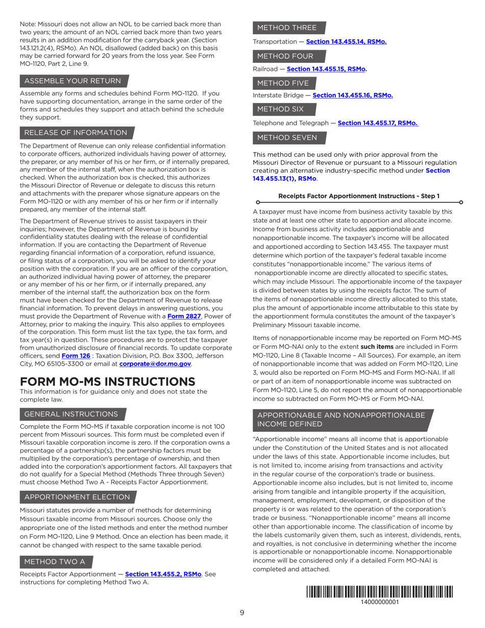 Instructions for Form MO-1120 Corporation Income Tax Return - Missouri, Page 9