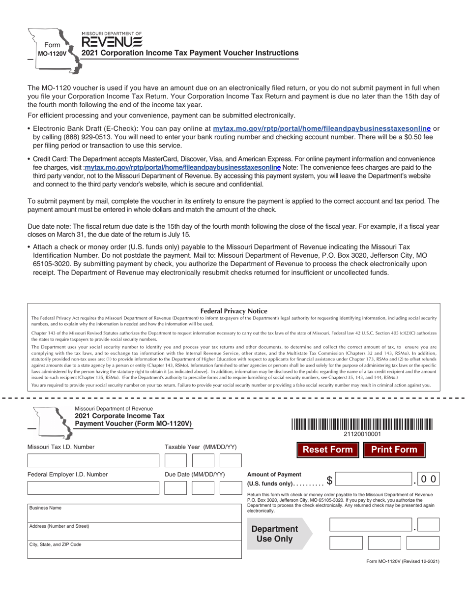 Form MO-1120V Corporation Income Tax Payment Voucher - Missouri, Page 1