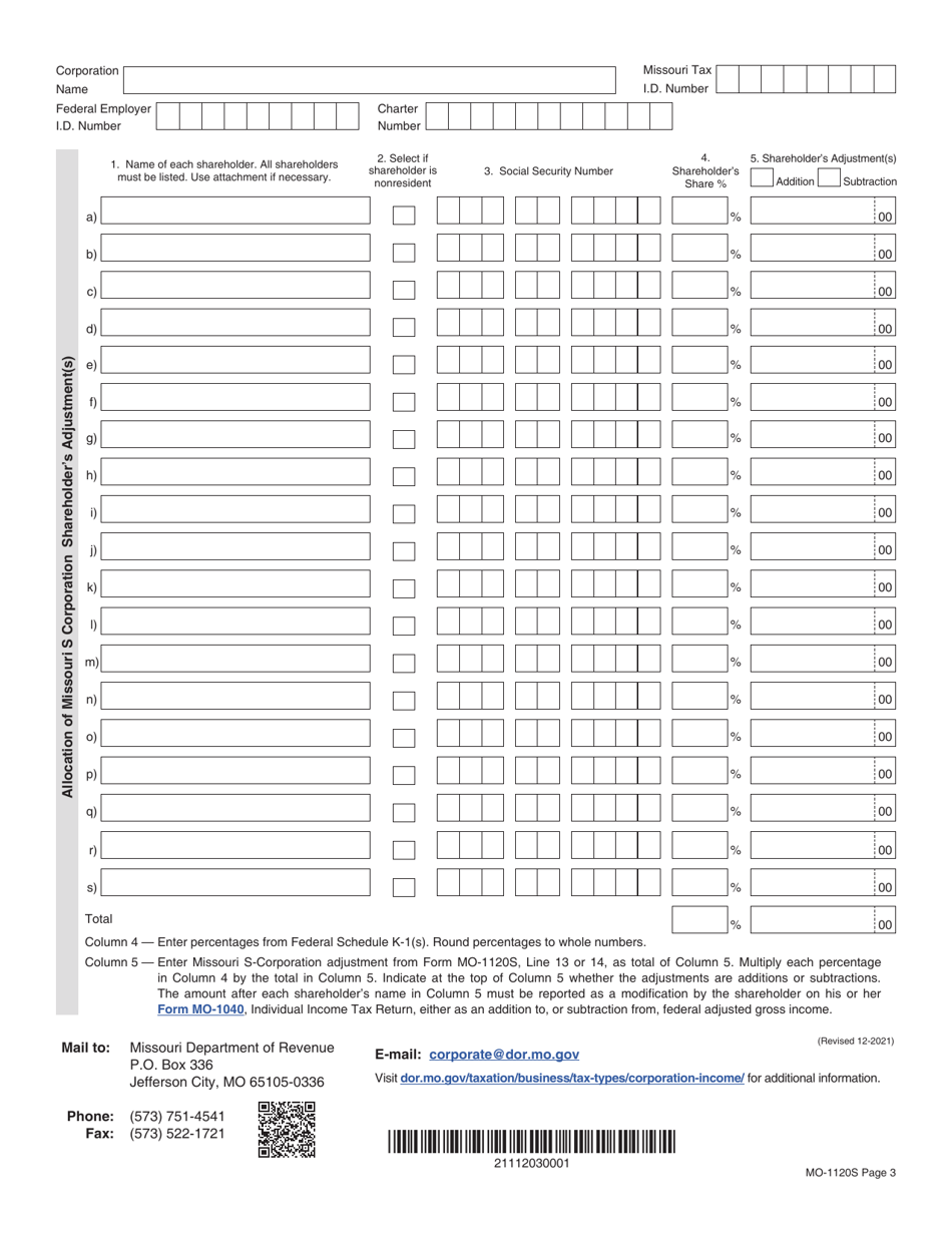 Form MO-1120S S-Corporation Income Tax Return - Missouri, Page 3