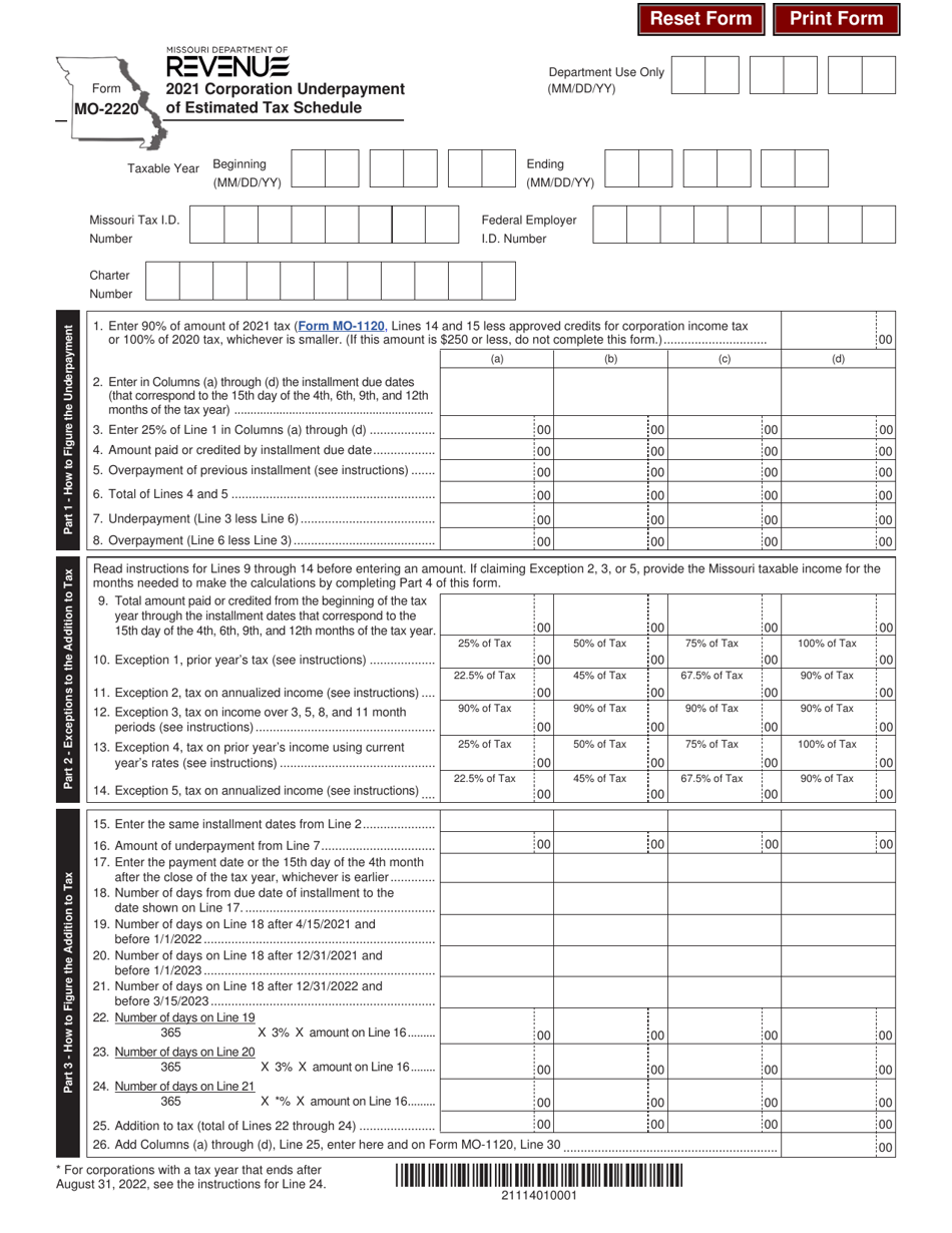 Form MO-2220 Corporation Underpayment of Estimated Tax Schedule - Missouri, Page 1