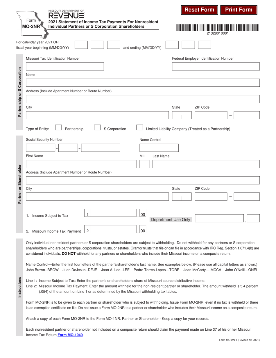 Form MO-2NR Statement of Income Tax Payments for Nonresident Partners or S Corporation Shareholders - Missouri, Page 1