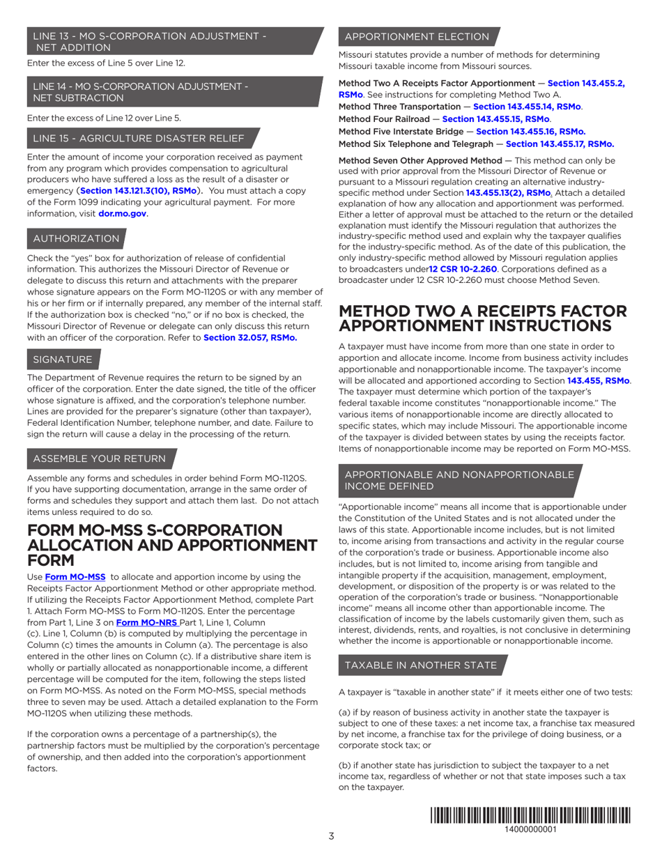 Instructions for Form MO-1120S S-Corporation Income Tax Return - Missouri, Page 3