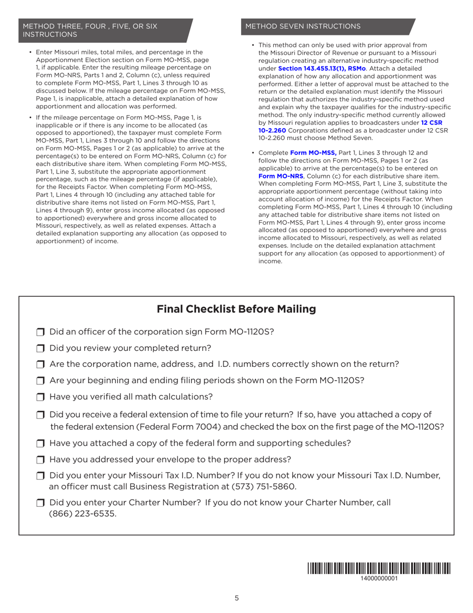 Instructions for Form MO-1120S S-Corporation Income Tax Return - Missouri, Page 5