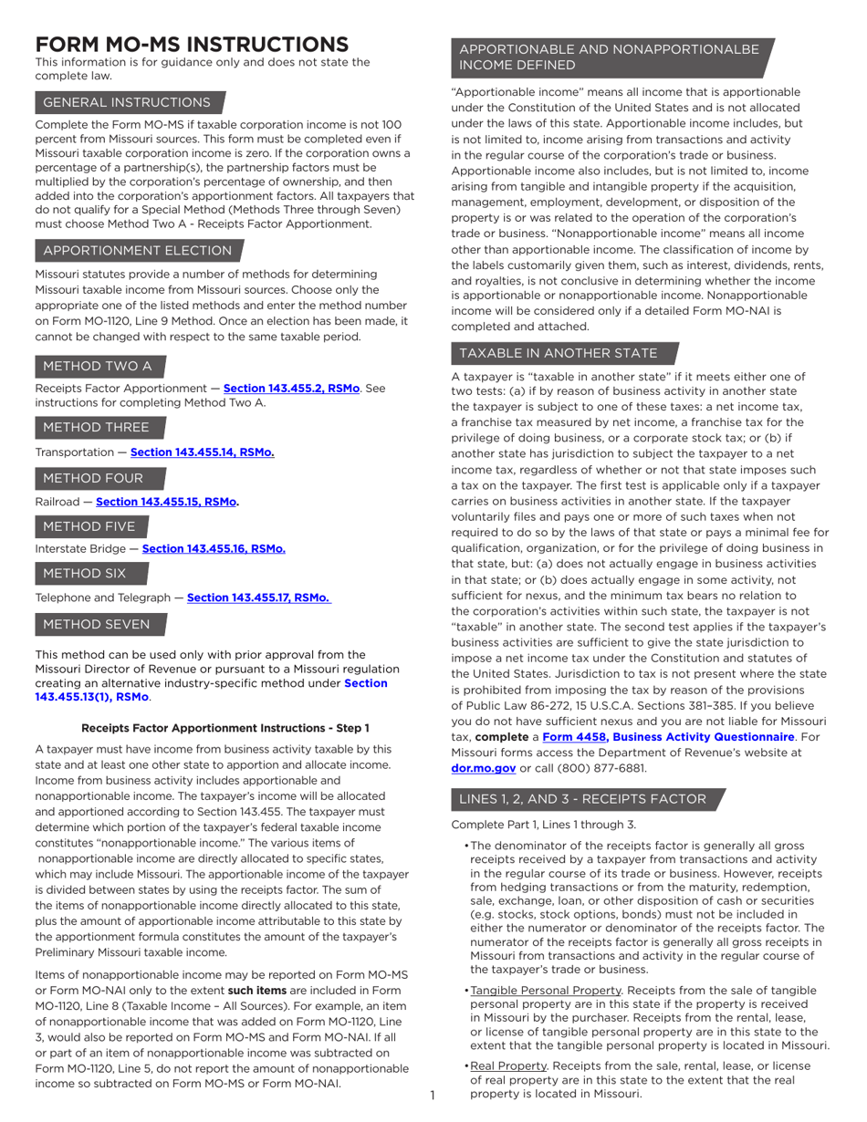 Form MO-MS Corporation Allocation and Apportionment of Income Schedule - Missouri, Page 2
