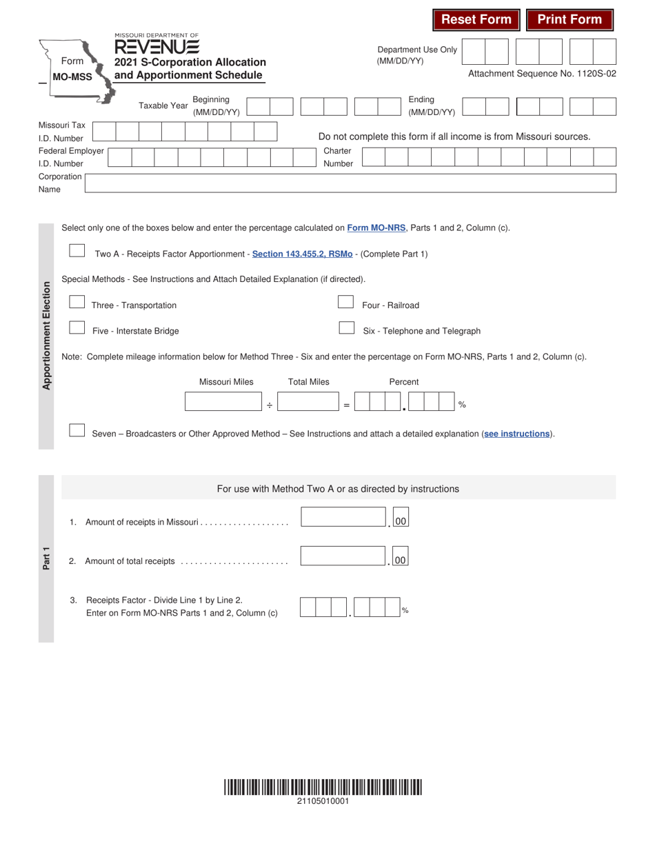 Form MO-MSS S-Corporation Allocation and Apportionment Schedule - Missouri, Page 1