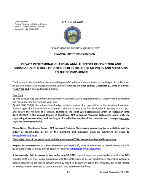 Private Professional Guardian Annual Report of Condition and Submission of Ledger of Stockholders or List of Members and Managers to the Commissioner - Nevada Download Pdf