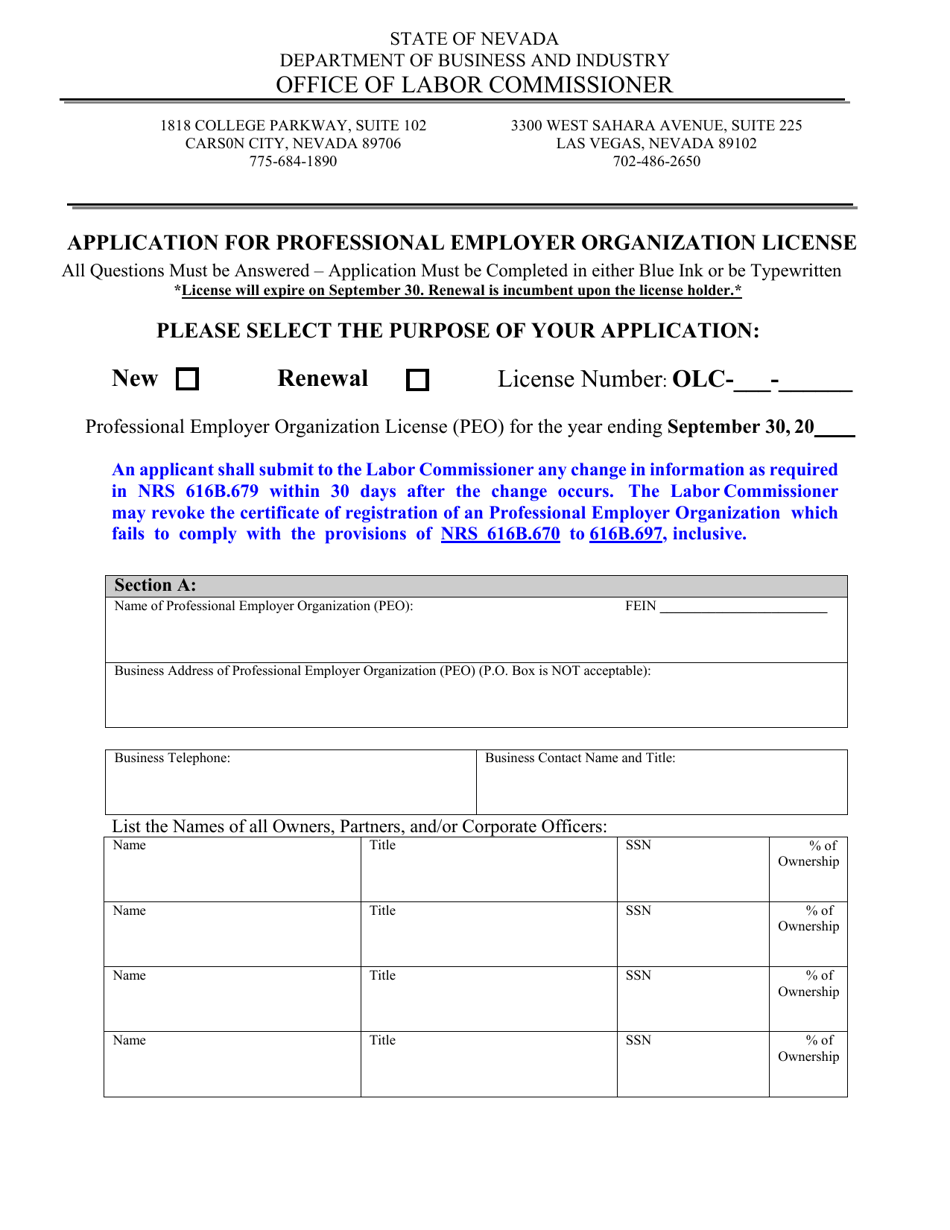 Application for Professional Employer Organization License - Nevada, Page 1